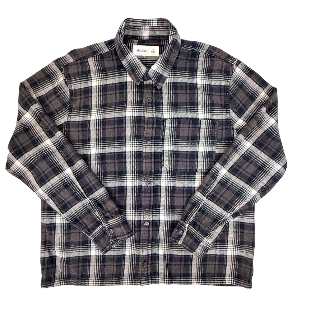 Hollister Mens Flannel Shirt Medium Charcoal Grey Black White Plaid Cotton